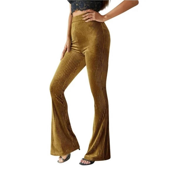 Aerie Small Groove On Ribbed Velour Flare Pants Gold/Copper Bellbottom Boho Soft - Picture 12 of 12